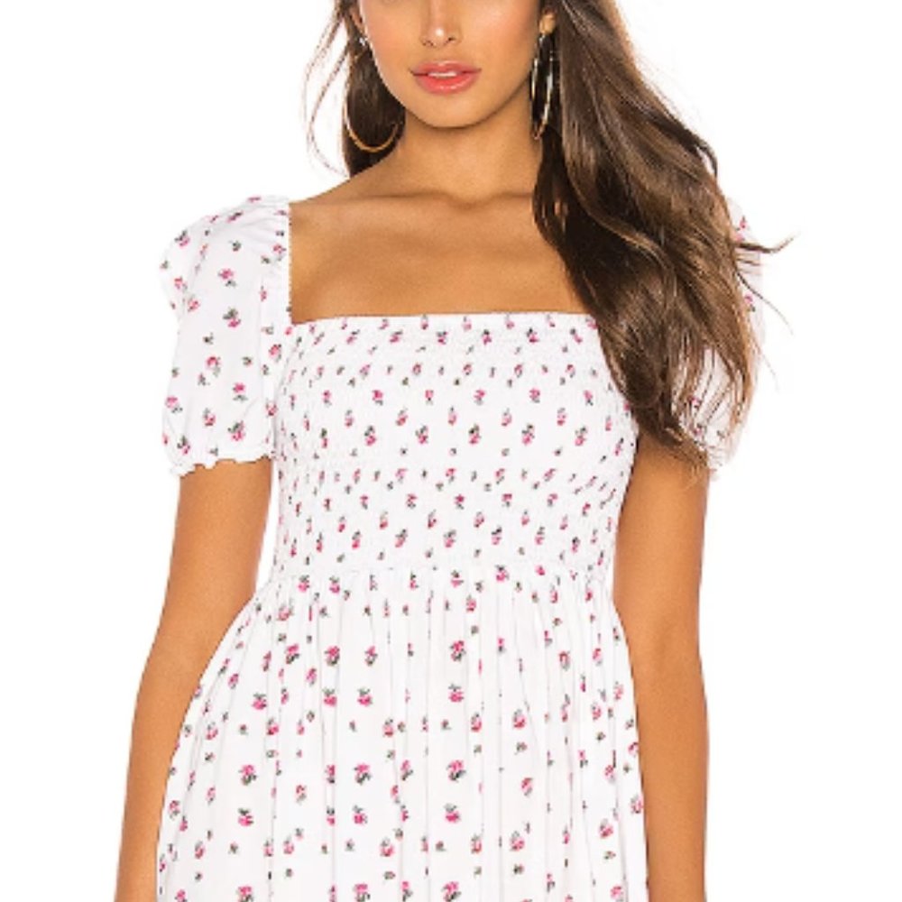 Revolve LPA Violet White Rose Print Smocked Square Neck Puff Sleeve Dress - Picture 4 of 4